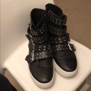 Women’s funky black J/Slides with studded buckles